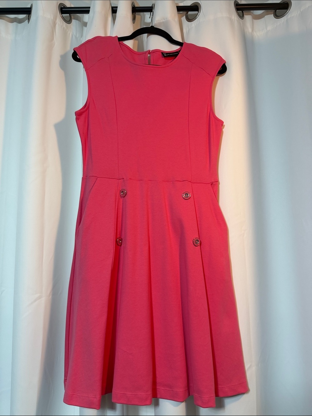 Cotton Barbie Pink Sleeveless Midi Fit-and-Flare Dress Front Pockets SZ M B8